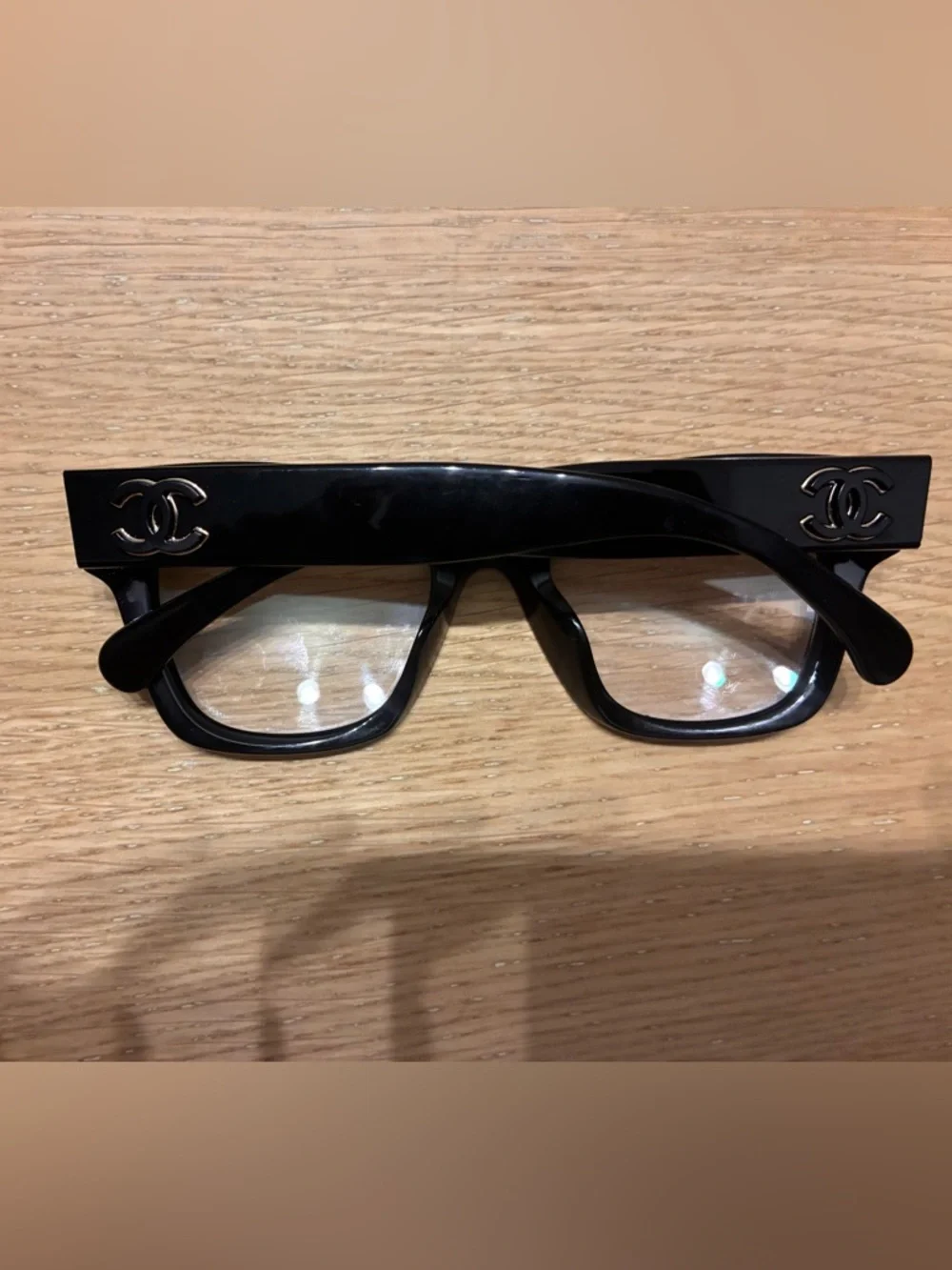 CHANEL Black Acetate Rectangular Glasses with Silver CC Accent